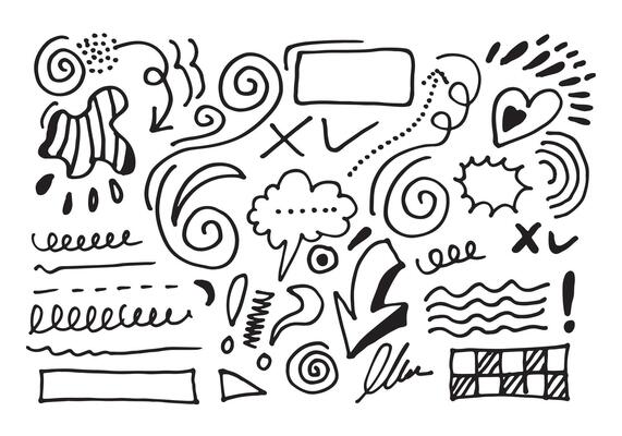Doodle lines and curves.Hand drawn check and arrows signs. Set of simple doodle lines, curves, frames and spots. Collection of pencil effects. Doodle border. Simple doodle set.