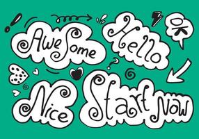 Hand drawn set of speech bubbles with handwritten short phrases awesome, start now,ok,nice,hello on green background. vector