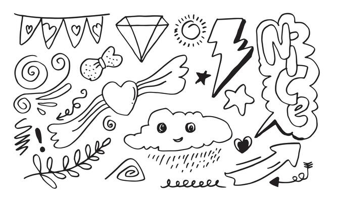 Hand drawn set elements, black on white background. Arrow, heart, love, star, leaf, sun, diamond, thunderbolt, flag, cloud, emphasis ,swirl, for concept design.