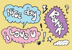 Hand drawn set of speech bubbles with handwritten short phrases NICE DAY, BANK, I LOVE U on white background. vector