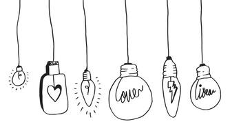 Hand drawn light bulb icons with concept of idea. Doodle style. vector