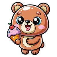 a cute kawaii bear eating ice cream, with clean black outlines, white background vector