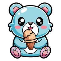 a cute kawaii bear eating ice cream, with clean black outlines, white background vector