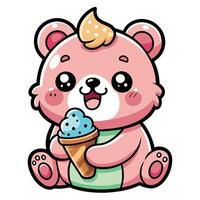 a cute kawaii bear eating ice cream, with clean black outlines, white background vector