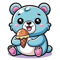 a cute kawaii bear eating ice cream, with clean black outlines, white background vector