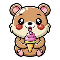 a cute kawaii bear eating ice cream, with clean black outlines, white background vector