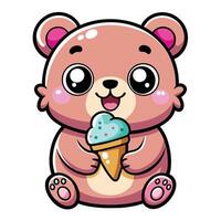 a cute kawaii bear eating ice cream, with clean black outlines, white background vector