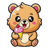 a cute kawaii bear eating ice cream, with clean black outlines, white background vector