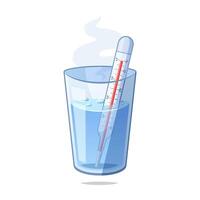 medida el temperatura de el agua en el vaso con un termómetro vector