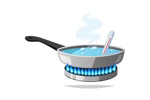 Measure the temperature of boiling water in a cooking pot with a thermometer. vector