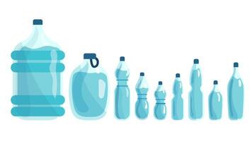 Set of water bottles of various shapes sizes, hand-drawn illustrations in a flat cartoon style. vector