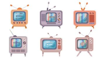 conjunto de retro televisores con el inscripción allí es No señal en el pantalla. técnico dificultades, el ilustración mano dibujado es un modelo en un plano estilo. vector