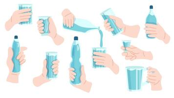set of hands holding glasses and water bottles, hand-drawn illustrations in a flat cartoon style. vector