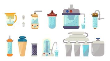 Set of Water filters. Countertop, under sink, pitcher container, whole house, reverse osmosis water filters, Mineral filtration or purification systems collection,hand-drawn in a flat style. vector