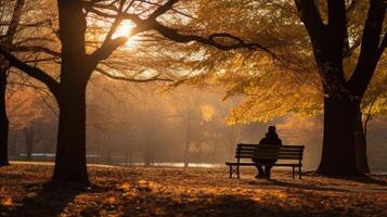 bench in the park sunset autumn, ai photo