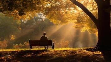 bench in the park sunset autumn, ai photo