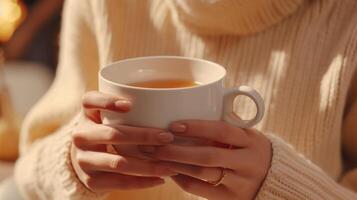 mujer participación un taza de café, ai foto