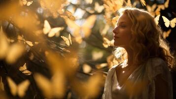 joyful female model in forest autumn, ai photo