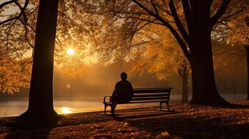 banco en el parque puesta de sol otoño, ai foto