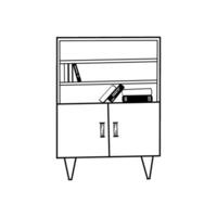 Furniture, interior item. Bookcase with legs and storage drawers, books on shelves. Drawn in with a black outline on a white background. Suitable for printing on paper, for design, scrapbooking vector