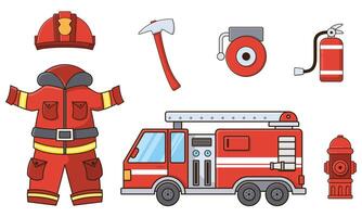 Illustration of set of fireman equipments graphic cute cartoon style isolated white background. vector