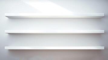 shelf bookshelf clean display on white wall, ai photo