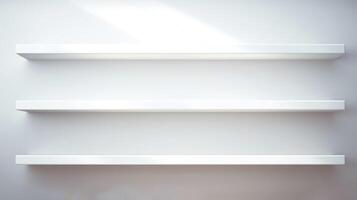 shelf bookshelf clean display on white wall, ai photo