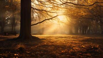 forest trees autumn foggy morning mist, ai photo