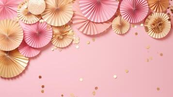 pink and gold confetti paper fan decoration copy space, ai photo