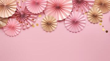 pink and gold confetti paper fan decoration copy space, ai photo