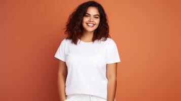 alegre joven Hispano más Talla cuerpo positivo hembra mujer niña 30s en blanco blanco diseño casual camiseta posando color antecedentes estudio retrato, ai foto