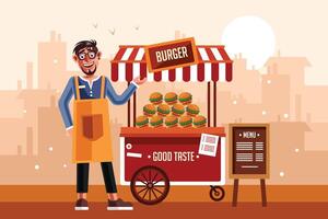 hamburguesa calle comida carro con vendedor vector