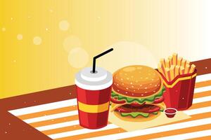 Burger and fries with cold drink vector