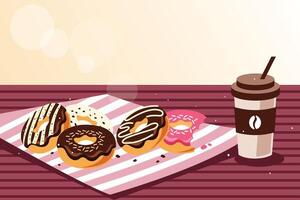 there are three donuts and a cup of coffee on a table vector