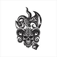 vintage skull with monochrome horn and axe design vector