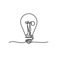 Single continuous one line art idea light bulb. Creative solution teamwork lamp concept minimal line art design, light sketch outline drawing illustration vector