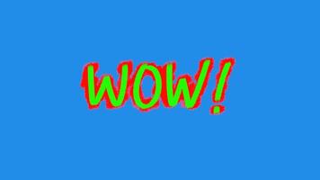 The word wow is animated in green with a red frame with handwritten style with brush paint on a blue background video