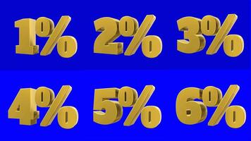 Set of golden percent numeral 3d animation moving seamless looping isolated on blue video