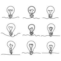 set of continuous one line art idea lights bulb. Creative solution teamwork lamp concept minimal line art design, lights sketch outline drawing illustration vector