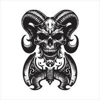 vintage skull with monochrome horn and axe design vector