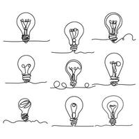 set of continuous one line art idea lights bulb. Creative solution teamwork lamp concept minimal line art design, lights sketch outline drawing illustration vector