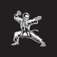 Skeleton skull karate fighter on fight mode silhouette black and white color design vector