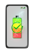 3d smartphone or mobile phone charging with battery charge indicator, check mark, thunder isolated. charging battery technology concept, 3d render illustration png