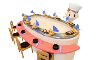 Japanese restaurant with sushi in the boat that runs around in the gutter isolated. conveyor belt sushi concept, 3d render illustration png