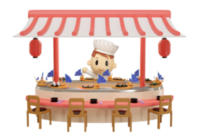 Japanese restaurant with sushi in the boat that runs around in the gutter isolated. conveyor belt sushi concept, 3d render illustration png