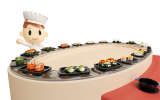 japansk restaurang med sushi på transportband bälte isolerat. 3d framställa illustration png