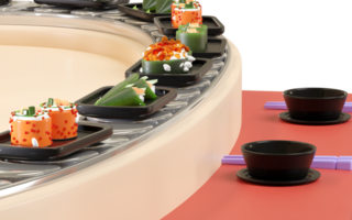 Japanese restaurant with sushi on conveyor belt isolated. 3d render illustration png