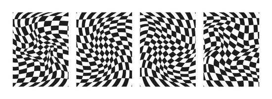 Black and white abstract checkered backgrounds. Chess board optical modern art. Psychedelic illusion, swirls. Hippie groovy monochrome covers, posters, cards, banners. illustration. vector