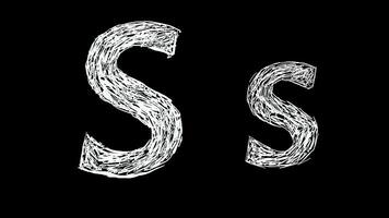 Animation of Letter S in handwritten style, scribbled alphabet on black background video