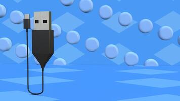 3d animación USB cable tipo un y micro USB si en azul antecedentes. 4k giratorio corriente continua eléctrico Actual conductor Proporcionar negativo espacio para texto video